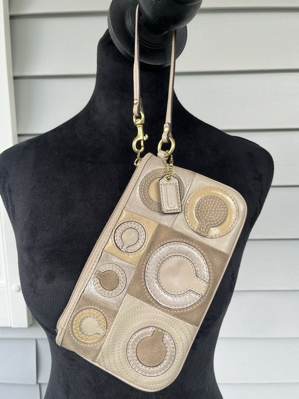 Coach Signature RARE Beige Suede Patent & Leather XL Wristlet Wallet